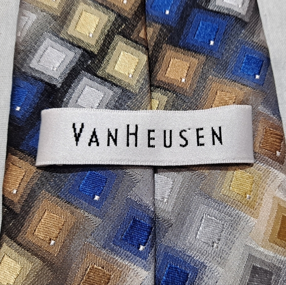 Van Heusen 💯 Silk Designer Necktie 59"x3.5" Geometric Multi-colored Blue/Gold - Picture 5 of 9